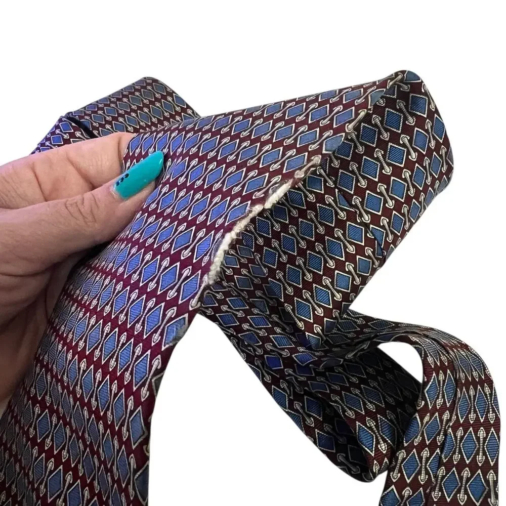 Brooks Brothers Makers Silk Neck Tie Geometric Diamond FLAW Burgundy Blue 3.5x52